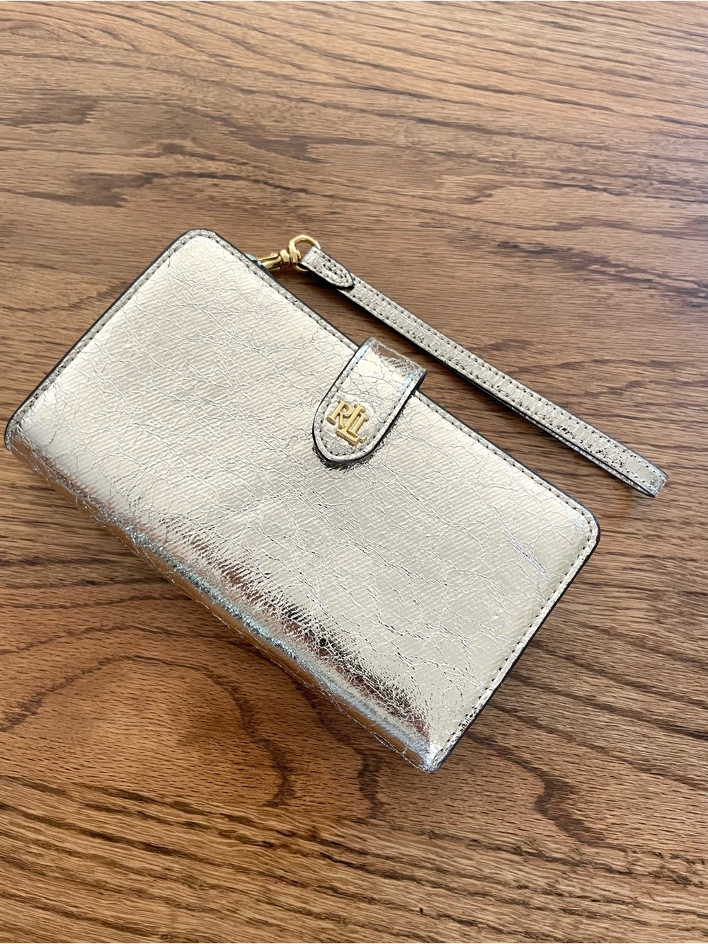 Ralph Lauren Metallic Gold Leather Wristlet Wrist Tech Wallet w/ Strap NWOT